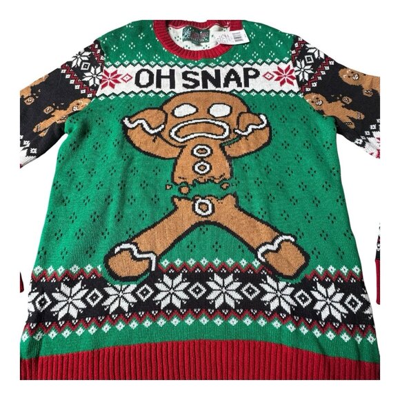 NWT Oh Snap Gingerbread Ugly Christmas Sweater Green Red Holiday Crewneck L - Picture 2 of 8